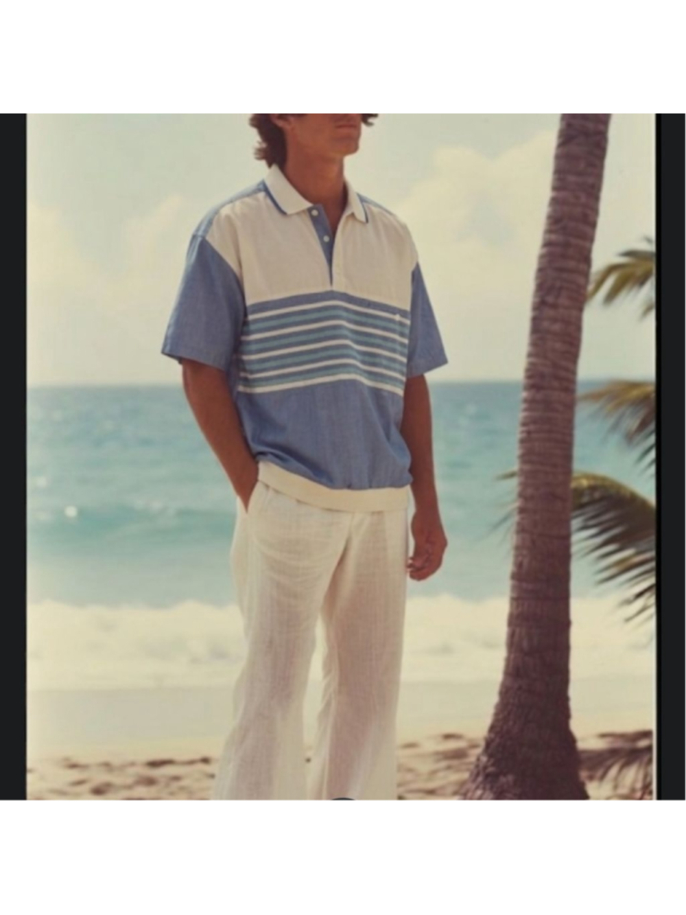 Vintage 90s Y2K Blue White Collared Striped Polo Shirt L Beach Preppy Old Money